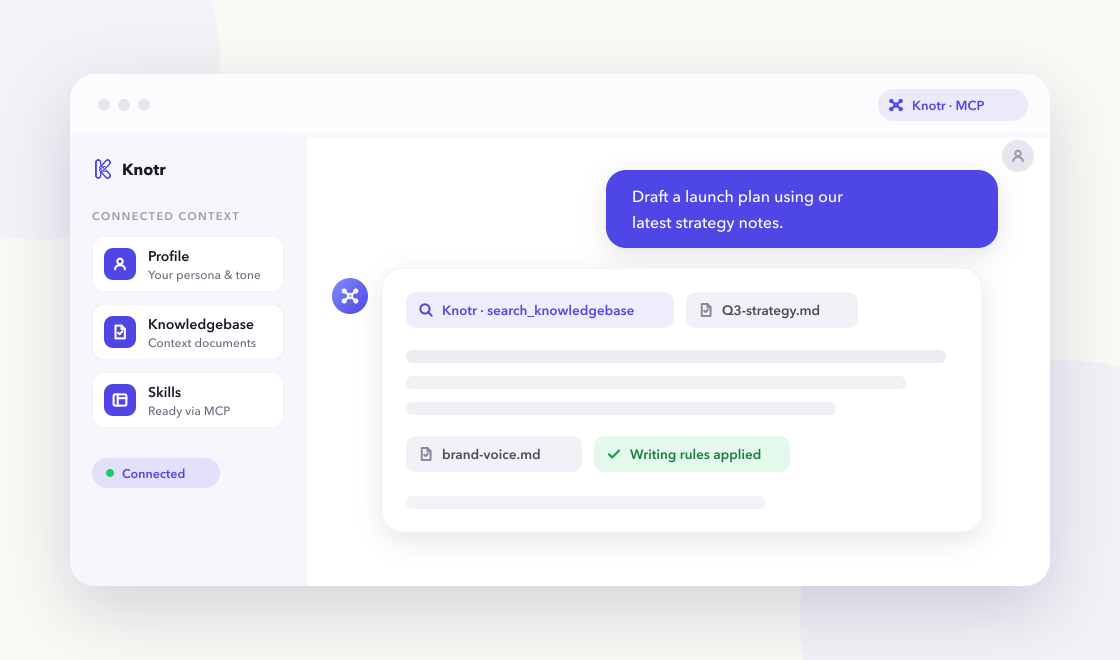 A chat-based AI assistant referencing Knotr profile, knowledgebase, and skills over MCP